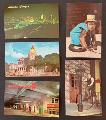 Atlanta & Underground Atlanta Postcards, 5, organ grinder monkey, penny farthing