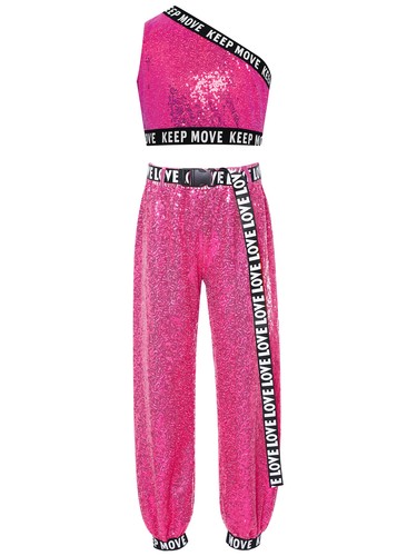 Kids Girls Jazz Hip Hop Dance Outfits Shiny Sequins Crop Tops with Harem Pants - Picture 19 of 87