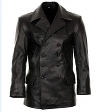 Mens German Submarine WW2 Vintage Classic Wear Black Real Leather Jacket Coat