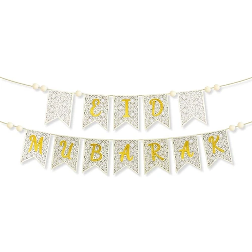 EID MUBARAK Wooden Bunting | Gold Letter Flags | 13x18cm Durable Party Decor |