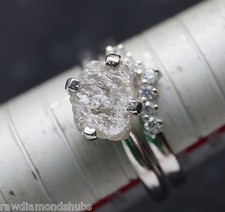 Natural Gray/White rough diamond ring Uncut raw diamond 925 silver Ring Band Set