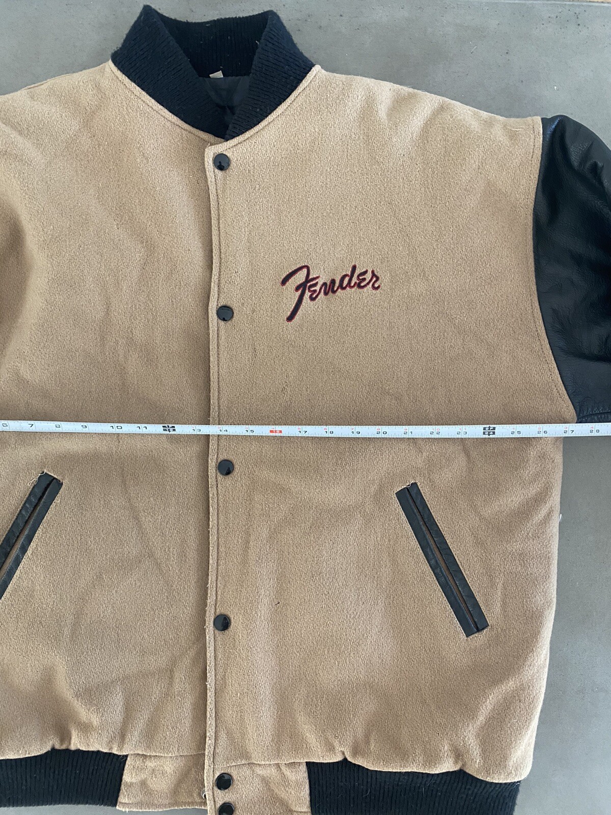 Vintage 1980s 90s Fender Guitar Leather Varsity Jacket Tan Brown Size