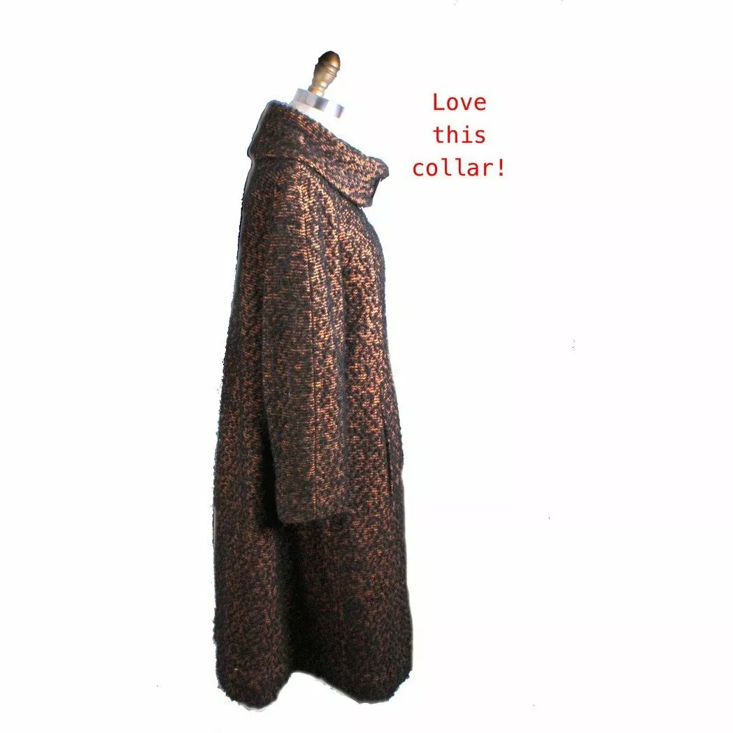 Vintage 1950s Swing Coat Brown Black Boucle M L Womens Winter Wool Convertible