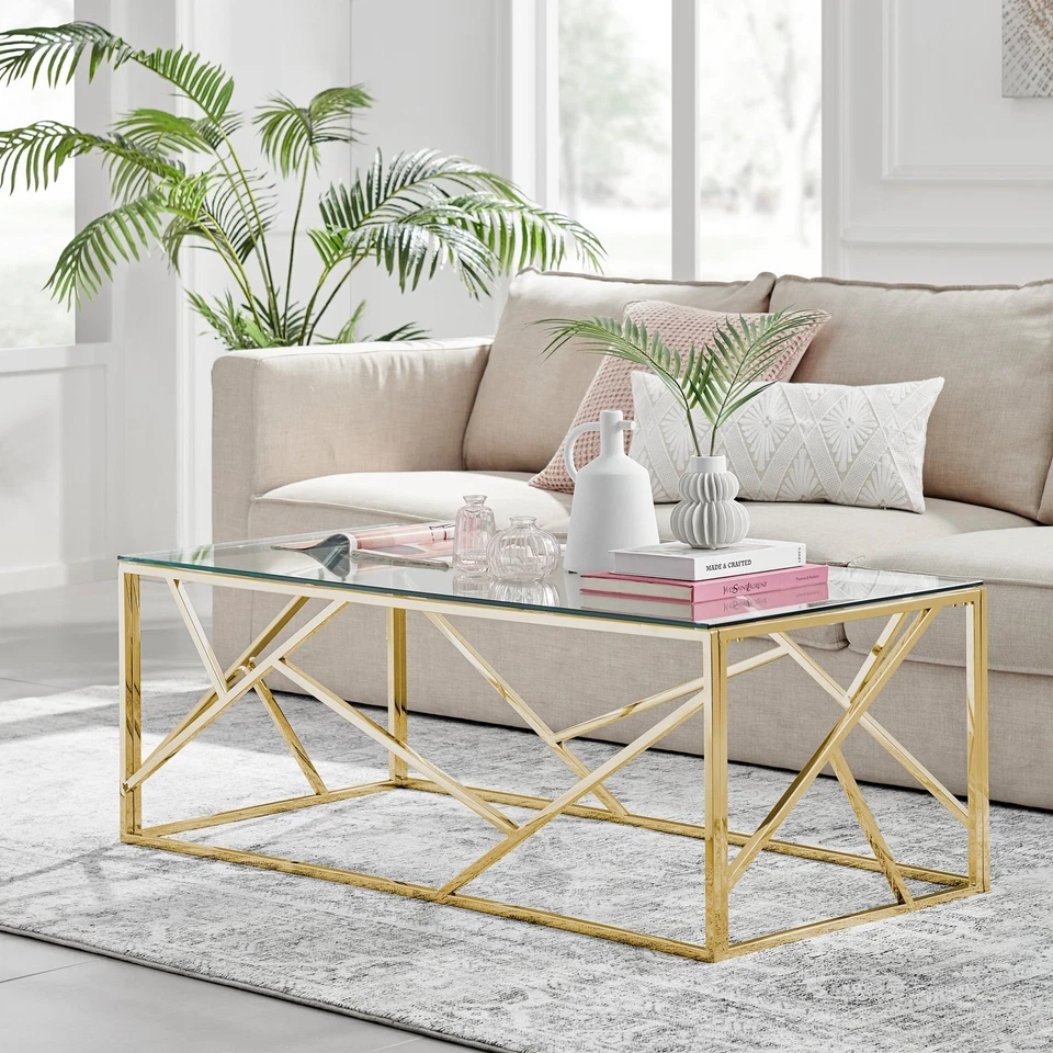 Amalfi Rectangular Coffee Table Glass and Gold Chrome Living Room