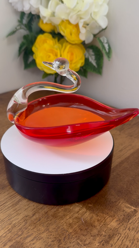 Hand Blown Glass Swan Dish Vintage Red Orange Bowl with Clear Neck Mid Century - Video 1 of 1