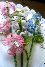 Vtg hand Beaded French Flowers 3 long Stems BLUE WHITE PINK Excellent 19"
