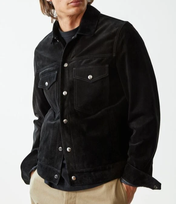 Men Black Pure Suede Leather Jacket Slim Fit Trucker Jacket Custom Size S M L XL