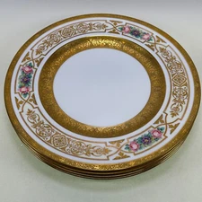 George Jones & Sons Crescent Gold Trim Hand Painted Dinner Plates - Set of 4