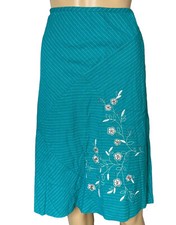 Sag Harbor A-Line Skirt Size 14 Linen Green White Embroidered Flower Stripes