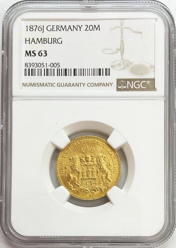 1876 J GOLD GERMAN STATE HAMBURG 20 MARK COIN NGC MINT STATE 63