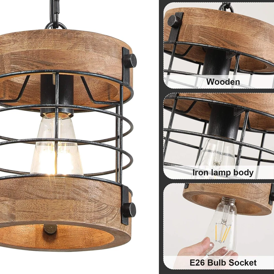 Lámpara colgante rústica de granja para isla de cocina, lámpara de araña de madera Fi... Foto 4 de 4