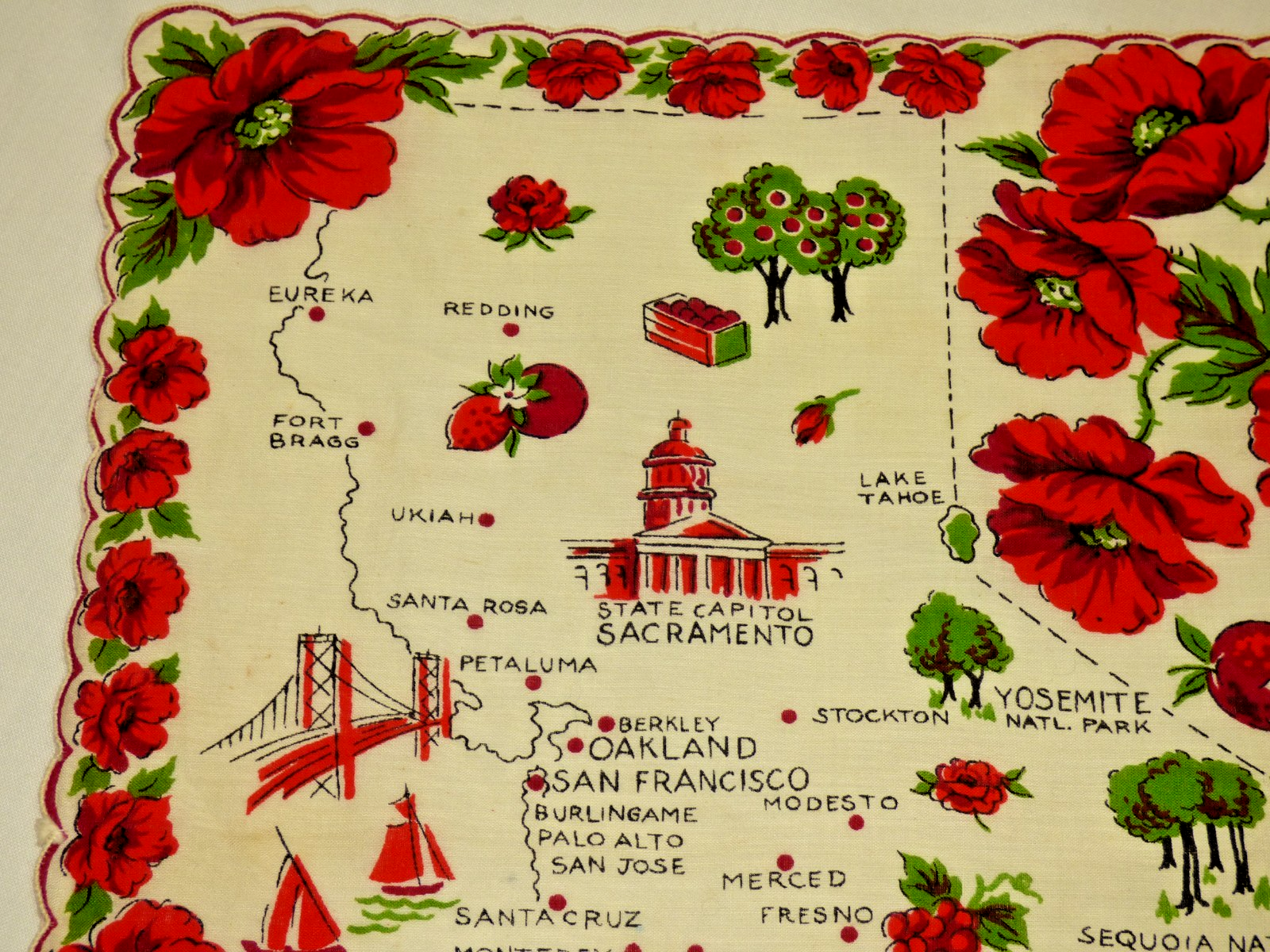 Vintage 1950s CALIFORNIA Handkerchief HANKIE Red POPPY Flowers State ...