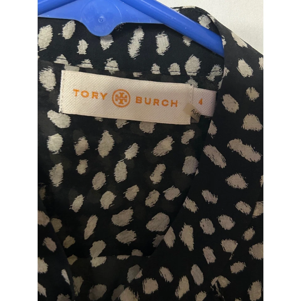 Tory Burch 黑白丝绸领带长袖衬衫 4 码 — 第 3/4 张图片