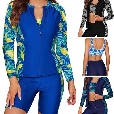 Damen Rash Guard Badeanzug 3-teilig Tankini Langarm Boyshort Bademode