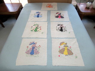 7 Vintage Hand Sewn Feed Sack Applique COLONIAL LADY Quilt BLOCKS; 18" x 16"