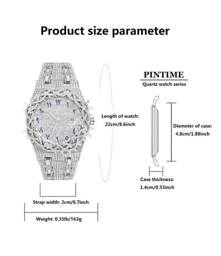 Men’s Quartz Iced Out Moissanite Stone Watch - Diamond Encrusted Strap - Picture 2 of 3