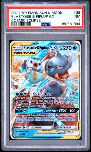 2019 POKEMON SUN & MOON COSMIC ECLIPSE #38 BLASTOISE & PIPLUP GX PSA 7