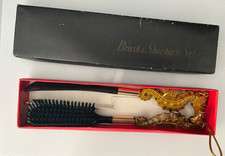 Vintage Seahorse Shaped Tan Plastic Shoe Horn Clothes Brush Wardrobe Set in box