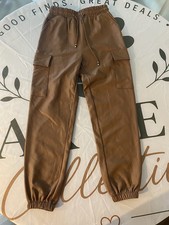 Brown Faux Leather Cargo Jogger Pants with Elastic Waistband - Size S/M