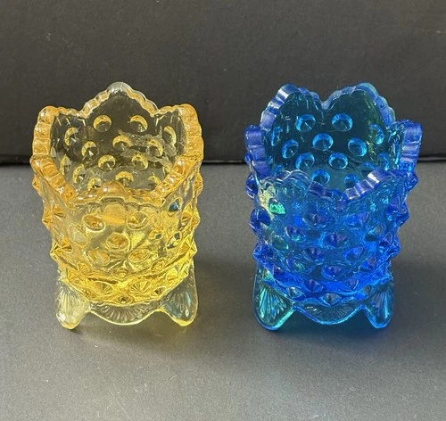 2 VTG Fenton Hobnail Glass Footed Toothpick Holder Sawtooth Edge In Amber & Blue