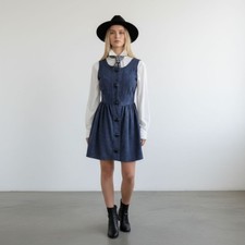 Alice Olivia Blue Pinafore Dress S Small Mini Linen Blend Dark Academia Preppy