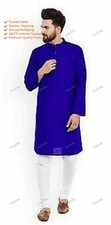Indian Cotton Shirt kurta Mens Tunic Top Blue Color Plus Size Solid High Neck