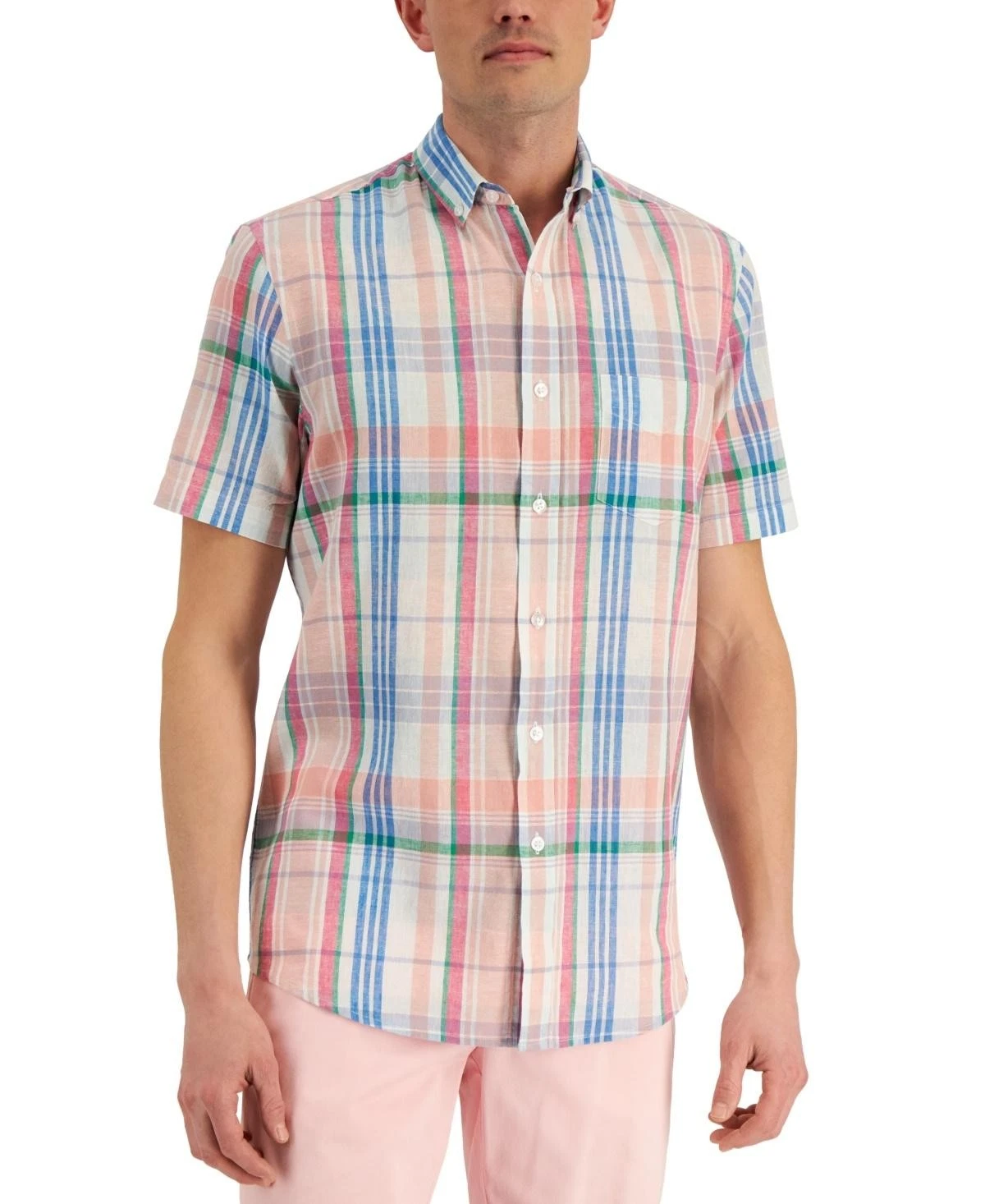 Club Room Shirt Mens Size M Multicolor Plaid Linen Short Sleeve Button-Up $50
