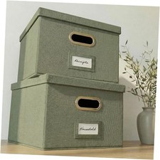 Decorative File Organizer Box Set of 2 - Collapsible Linen Filing Cabinets Sage