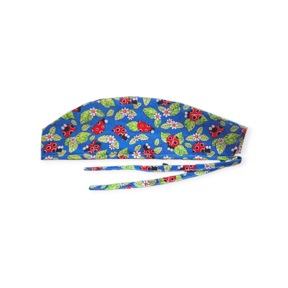 Red Ladybugs on Blue Tie Back Scrub hat/ cap 100% Cotton Surgical Medical - Image 2 of 2