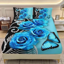 Black and Blue Fitted Sheet Set Queen,Beautiful Blue Rose Butterfly Printed G...