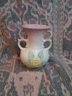 Hull Pottery Open Rose Camellia Pink and Yellow Double Handle Vase 1940s