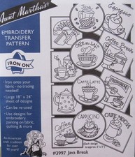 Aunt Martha's 3997 JAVA BREAK Coffee Latte Espresso Embroidery Transfer Pattern