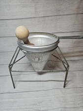 VIKO Aluminum Sieve Strainer 1970s w/ Stand and Wood Masher-Wood Pestle Canning