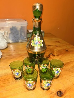Vintage Floral Murano Glas Emaille Handbemalt Bernstein Karaffe Set & 6 Gläser