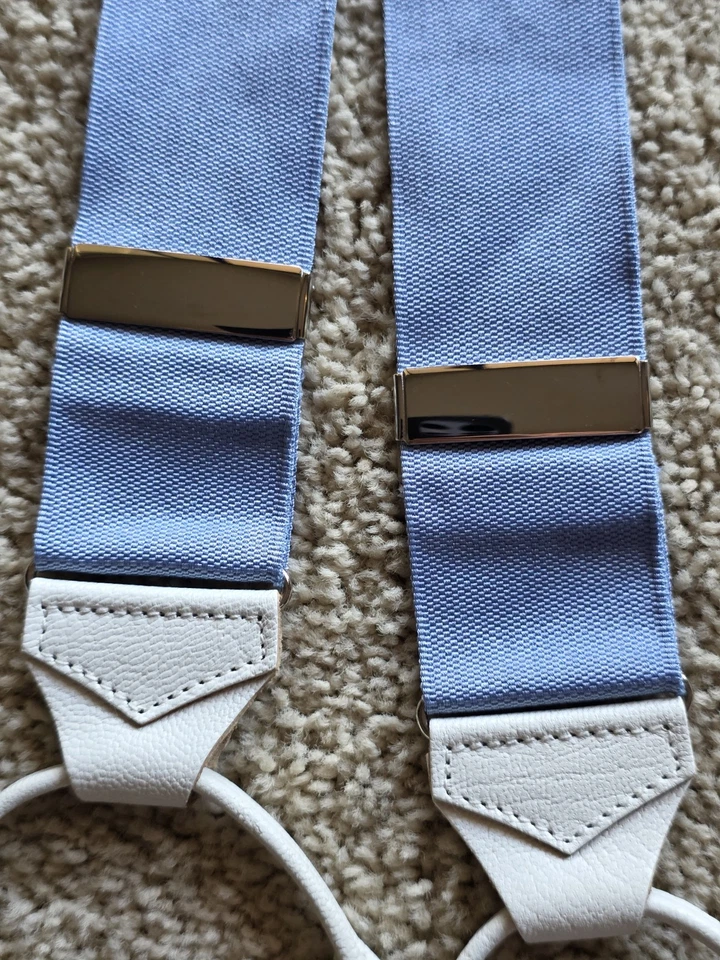 Tirantes Albert Thurston Para Hombre Cuero Azul y Blanco Seda Hechos en Inglaterra Foto 3 de 4