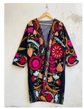 Hand Embroidery Floral Cotton Suzani Embroidery Long Kimono Robe Vintage Orienta