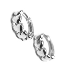 18K WHITE GOLD ROUND SMALL CIRCLE HOOP HEARTS ROW EARRINGS DIAMETER 12mm x 4mm