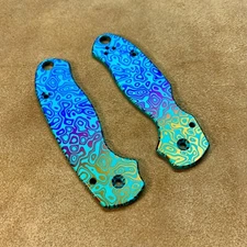 Spyderco Para 3 Scales ~ CNC Milled Titanium Flomascus Pattern Green/Wyo scales
