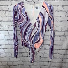 Princess Polly Purple Swirl Pattern Long Sleeve Bodysuit Cut out Detail Size 4