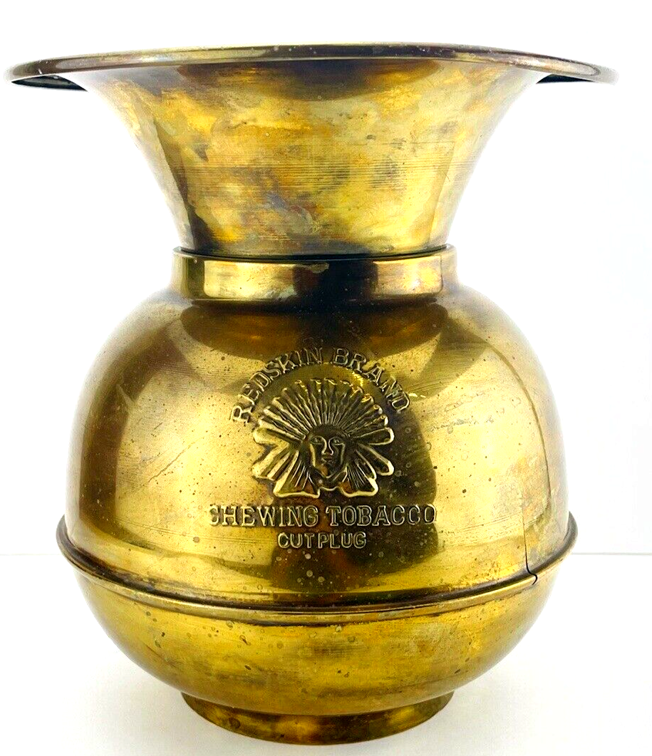 Vintage Redskin Brand Chewing Tobacco Cut Plug Brass Spittoon Patina DBL  Sided