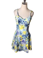 JOA Mini Floral Sleeveless Strappy Dress Women's Size Small Blue Yellow Zip Up
