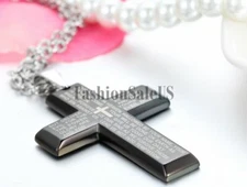 Mens Stainless Steel Cross Bible Lord's Prayer Pendant Black Necklace With Chain