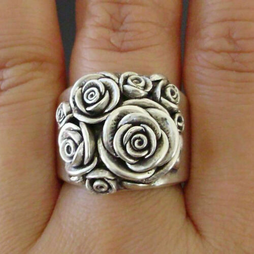 Boho 925 Sterling Silver New Women Fashion Vintage Style Rose Flower Ring Size 9 - Afbeelding 1 van 4