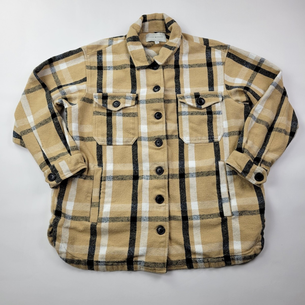 Lucky Brand Shirt Jacket Womens Medium Beige Black Plaid Button