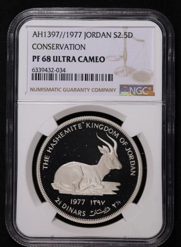 1977 JORDAN SILVER 2.5 DINARS RHIM GAZELLE CONSERVATION NGC PF 68 ULTRA CAMEO