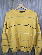Nautica Men's Jumper Yellow Striped Crew Neck Sweater Casual Knit Size L