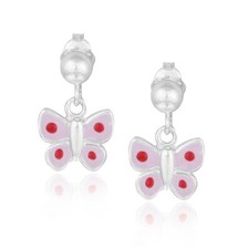 925 Silver Pink  Red Enamel Butterfly Girls Dangle Earrings