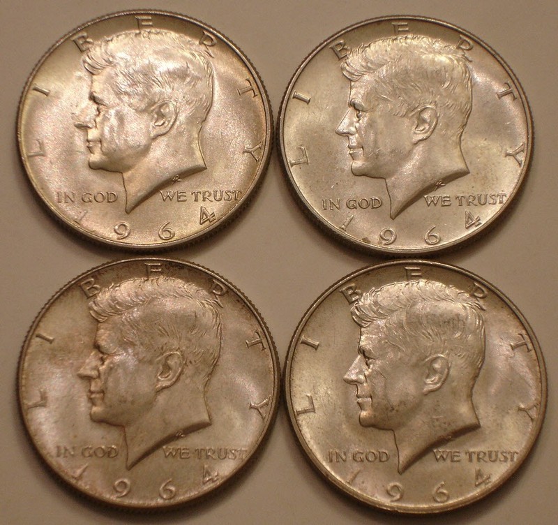 (4) 1964-D Kennedy Half Dollars original Frosty Choice to Gem BU all SILVER