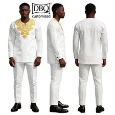 African Men Suit Custom Made 2 Pieces Gold Embroidery Shirt Slim Fit Pants Set