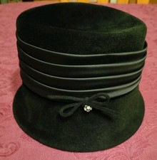 Vintage black velour hat wide ribbon Jewel accent cloche bucket style hat Ladies